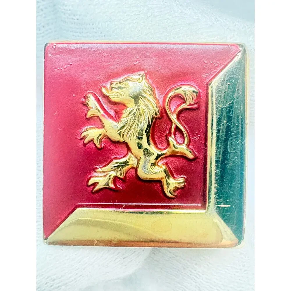 Mid‑Century Anson Gold‑Tone Cufflinks with Lion Rampant and Red Enamel, Vintage